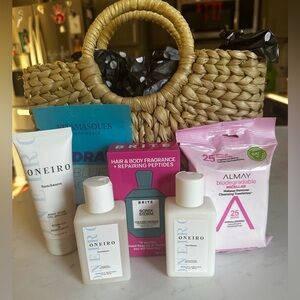 Straw woven crossbody handbag stuffed with skincare